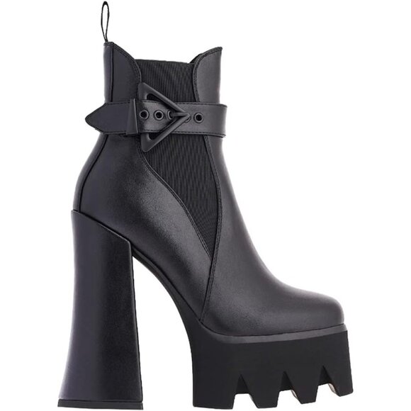 ⚡Women's Black Buckle Strap Fashion Square Toe Platform Elastic Band High Heel - Picture 1 of 6